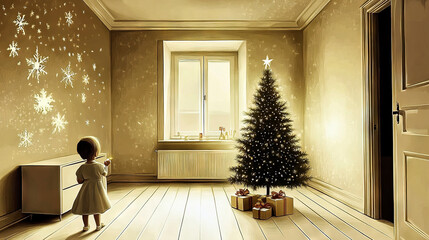 Wall Mural - Young girl is standing in a warmly lit room with a decorated christmas tree and projected snowflakes on the wall