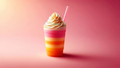 Clear plastic cup filled with layered colorful pink, orange and yellow frozen drink or smoothie, topped with whipped cream and a drinking straw, placed on a pink background