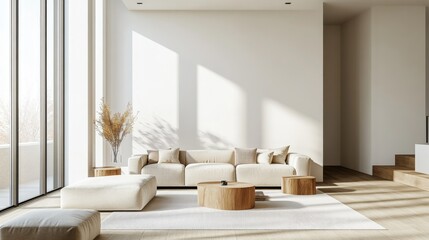 Detailed view of a minimalist living room with a large window, neutral-toned furniture, and sparse decor