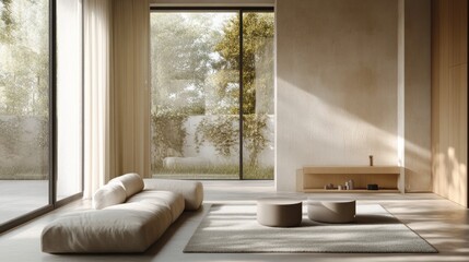 Detailed view of a minimalist living room with a large window, neutral-toned furniture, and sparse decor