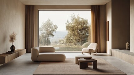 Detailed view of a minimalist living room with a large window, neutral-toned furniture, and sparse decor