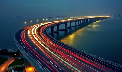 A long exposure shot of a bridge with cars driving on it at night. The lights from the cars create streaks of light in the photo, and the water below the bridge is illuminated by the street lights.