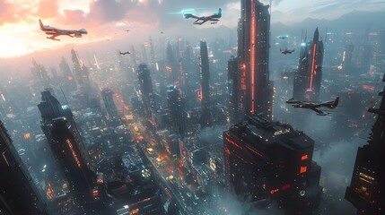 Wall Mural - Futuristic Aerial Cityscape with Glowing Neon Skyscrapers and Vehicles in the Sky