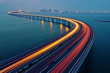 Long exposure shot of car light trails on a bridge over water.