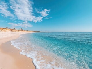 Wall Mural - idyllic mediterranean beach scene crystalclear turquoise waters white sand swaying palm trees azure sky with wispy clouds