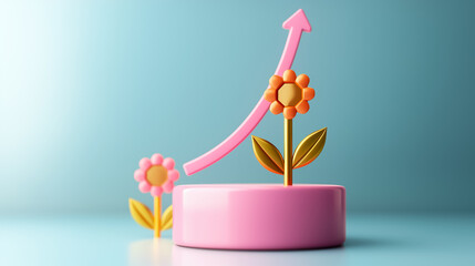 Poster - The composition features vibrant flowers atop a pink circular base, alongside an upward arrow, symbolizing growth and positive development in a cheerful and eye-catching manner