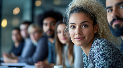 Poster - A group of people are sitting around a table, one woman is smiling at the camera