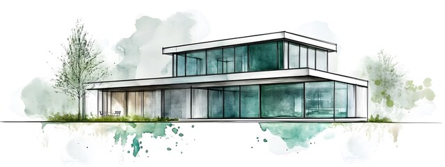 Wall Mural - A sketch of an eco-friendly building with green glass walls, white background, green color palette, architectural drawing style, sketchy lines