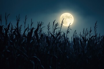 Wall Mural - corn moon. night landscape with moon in dark sky and plant silhouettes