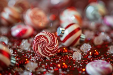 Sticker - Christmas candy canes and ornaments laying on red and white glitter with a shallow depth of field