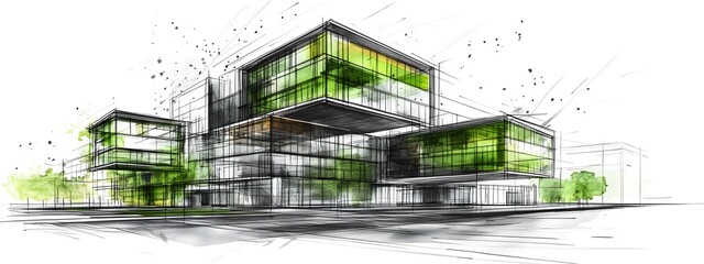 Wall Mural - A sketch of an eco-friendly building with green glass walls, white background, green color palette, architectural drawing style, sketchy lines