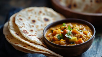 Aufkleber - Detailed view of a soft, pliable roti with a slightly toasted surface, served with a bowl of spicy vegetable curry