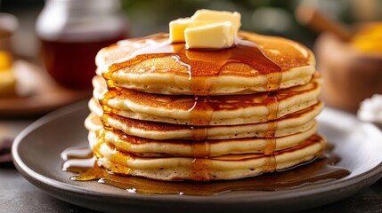Poster - Detailed view of a stack of fluffy American pancakes with maple syrup and butter