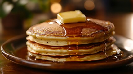Poster - Detailed view of a stack of fluffy American pancakes with maple syrup and butter