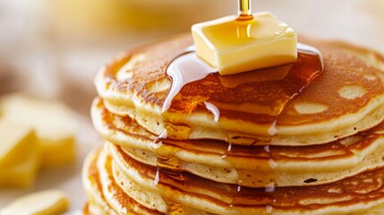 Poster - Detailed view of a stack of fluffy American pancakes with maple syrup and butter