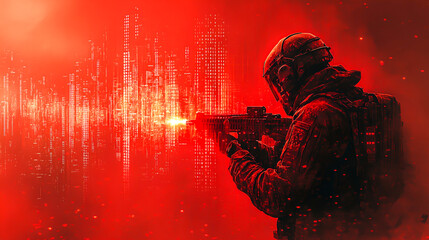 Wall Mural - Cybersecurity Threat: Hacker Launching Digital Attack on City Skyline with Binary Code Invasion