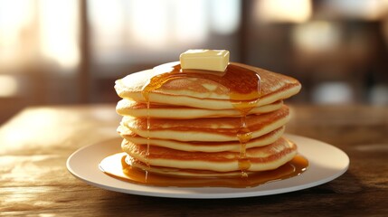 Poster - Detailed view of a stack of fluffy American pancakes with maple syrup and butter