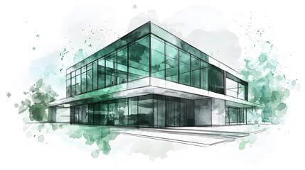 Wall Mural - A sketch of an eco-friendly building with green glass walls, white background, green color palette, architectural drawing style, sketchy lines