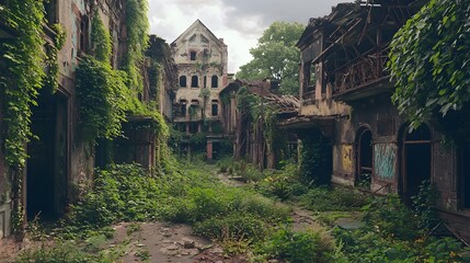 Wall Mural - Abandoned City Overtaken by Nature's Verdant Reclamation of Decaying Urban Structures