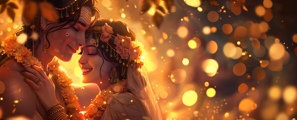 Wall Mural - Blissful wedding embrace with golden light and floral adornments