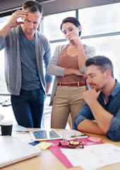 Poster - Business people, team and thinking with tablet at desk, meeting for project management and planning. Ideas, problem solving and search for solution with technology, creative group and startup career