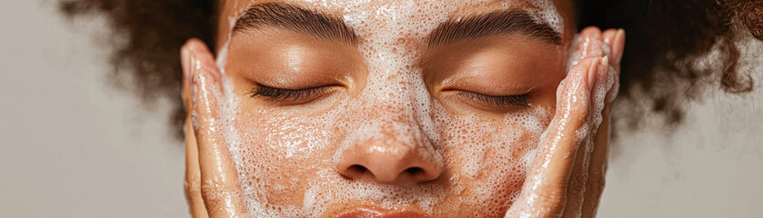 Wall Mural - A woman is washing her face with a foamy cleanser