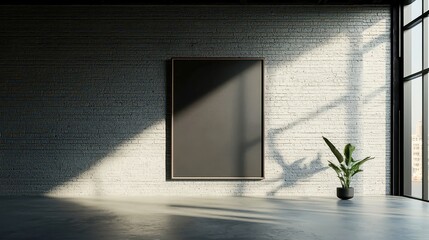 Poster - Black wooden frame on textured wall, minimalistic design, inviting empty space for artwork or decoration, enhancing modern interior aesthetics, subtle elegance in a contemporary setting