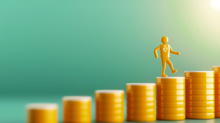 Poster - A small yellow figure climbs a series of stacked coins, representing progress and success in financial investments, with a bright background accentuating the theme