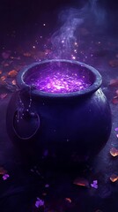 A mysterious cauldron emits magical purple smoke, surrounded by petals, evoking enchantment and fantasy.