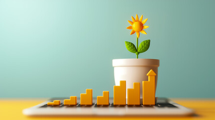 Poster - A sunflower blooms in a white pot placed on a tablet displaying an upward trend in bar graphs. This setup represents growth, productivity, and new beginnings in a bright workspace