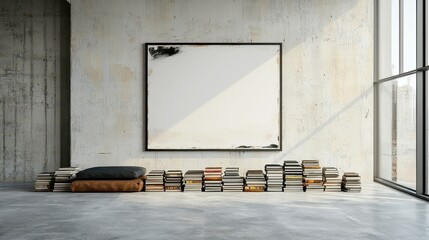 Poster - Poster frame displayed on a stack of books in a stylish loft, showcasing a modern interior design with ample free space and inviting natural light streaming in.