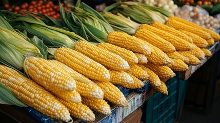 Poster - Detailed view of sweet corn in a market stall, with a variety of fresh ears neatly arranged and ready for purchase