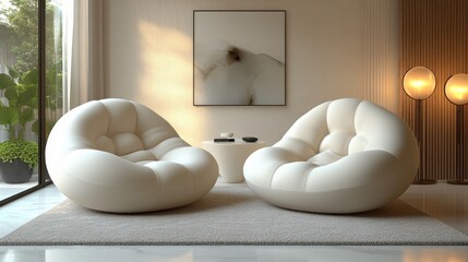 Wall Mural - Modern minimalist living room with two white round armchairs, abstract art, and soft lighting