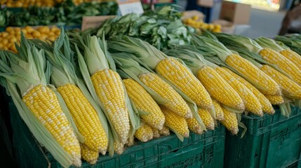 Poster - Detailed view of sweet corn in a market stall, with a variety of fresh ears neatly arranged and ready for purchase