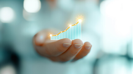 Poster - A person's hand displays a glowing digital graph with an upward trend, representing business growth and progress in a contemporary office setting
