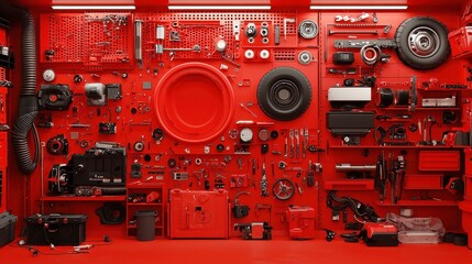 Poster - Red sporting repair parts arranged in an open area, illuminated by soft light, highlighting their features and textures against a simple background.