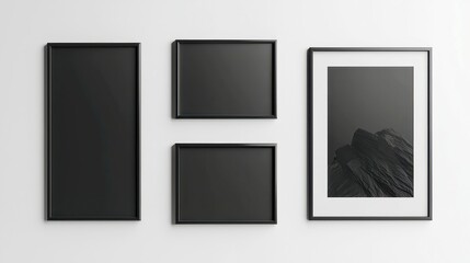 Poster - Elegant black wooden frames arranged on a pristine white backdrop, showcasing a minimalist interior decor style, perfect for displaying cherished memories in any space.