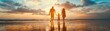 © Rattanathip - Family walking on beach at sunset, holding hands and enjoying summer evening. Beautiful sky with colorful clouds reflecting on wet sand.