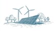 © Khalida - Handdrawn sketch of solar panels and wind turbines representing alternative energy sources in a vector illustration design