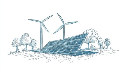 handdrawn sketch of solar panels and wind turbines representing alternative energy sources in a vect