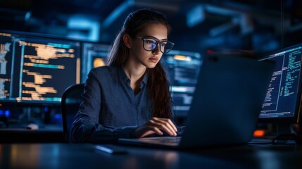 Serious young woman programmer working on laptop in a tech office with multiple monitors displaying code