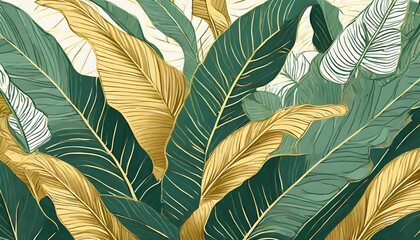 Sticker - Tropical leaf Wallpaper, Luxury nature leaves pattern design, Golden banana leaf line arts, Hand drawn outline design for fabric