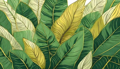 Sticker - Tropical leaf Wallpaper, Luxury nature leaves pattern design, Golden banana leaf line arts, Hand drawn outline