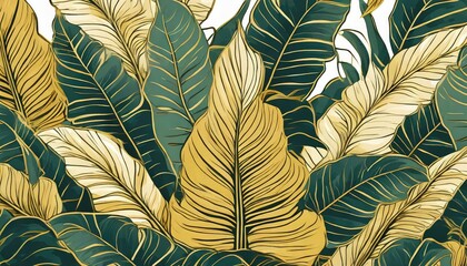 Luxury gold nature background. Floral pattern, Golden bananas, palms, exotic flowers, line arts illustration.