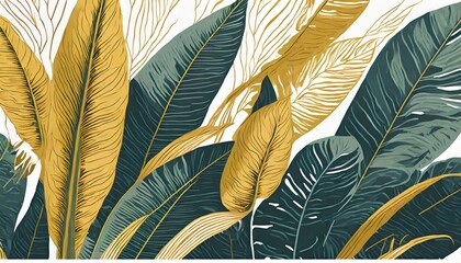 Wall Mural - Luxury gold and nature green background. Floral pattern, Golden split leaf Philodendron plant