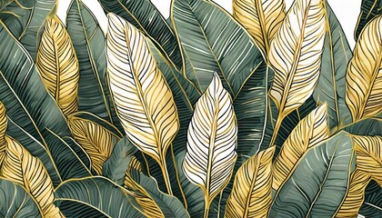 Wall Mural - Tropical leaf Wallpaper, Luxury nature leaves pattern design, Golden banana leaf line arts, Hand drawn outline design