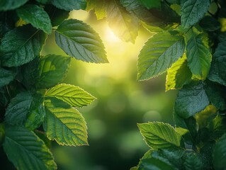 lush green leaves forming natural frame soft focus background ecofriendly concept with vibrant foliage dappled sunlight and space for text fresh and revitalizing