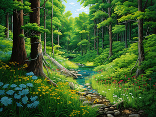 Wall Mural - Green forest with lush trees, Wild birch trees growing in a forest with green plants and shrub