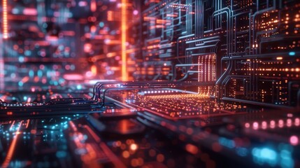 Poster - Futuristic digital circuit with vibrant lights showcasing advanced technology in a modern, high-tech environment