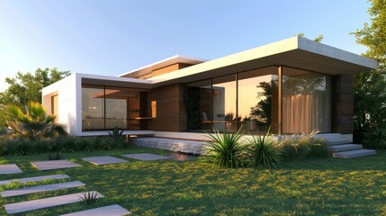 Canvas Print - A sleek single-story modern house featuring expansive windows is surrounded by a lush garden, all under a dusky sky.